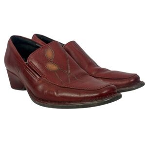 Pikolinos Red Leather Embroidered Leaf 1.5" Heel Loafers - Size 35